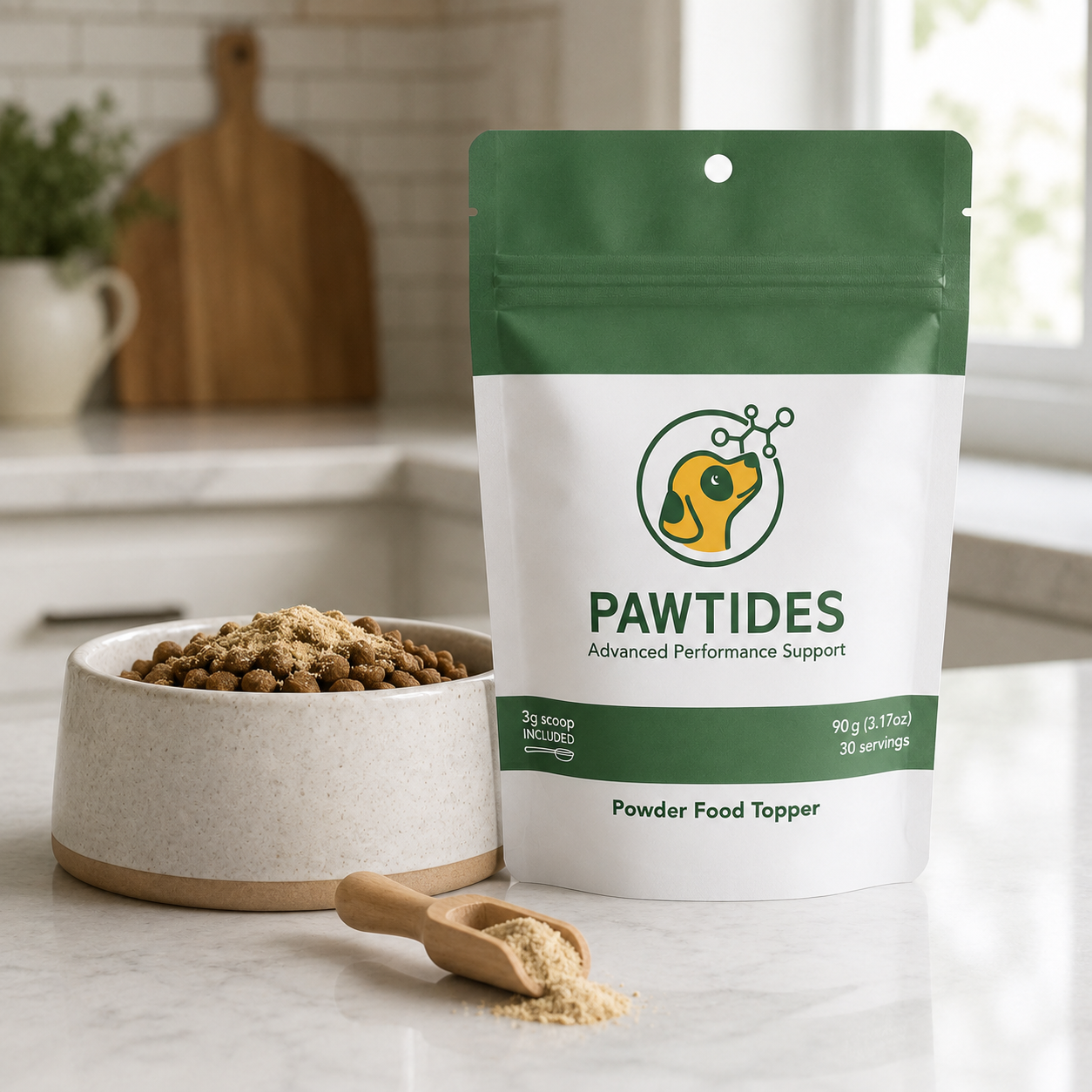 Pawtides pouch on a kitchen counter beside a dog bowl