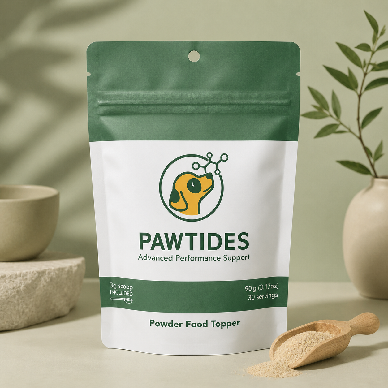Pawtides pouch styled with a ceramic bowl and fresh greenery